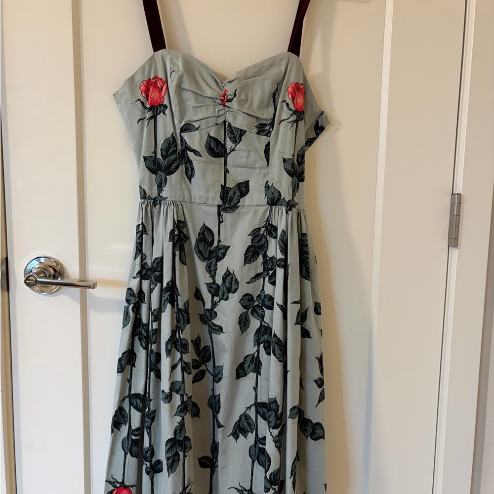 Floral Strapless Dress with Red Accents